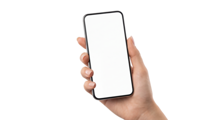 Woman's Hand Holding Modern Black Smartphone Mockup with Blank Screen isolated PNG with Transparent Background
