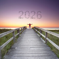 happy new year, person is sending on the end of wooden pier with flying birds in shape of 2026