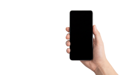 Hand holding modern black smartphone with blank screen Mockup isolated PNG with Transparent Background