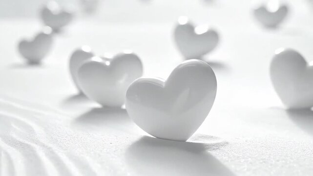 White heart-shaped objects arranged on a textured white surface in a soft, elegant display.