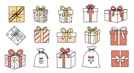 Large collection of diverse gift boxes and sacks in various shapes and sizes, decorated with colorful ribbons, bows, and festive patterns.