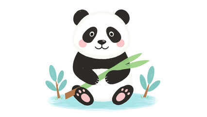 Fototapeta premium Cute Cartoon Panda Bear Sitting with Bamboo Stalk Adorable Mammal Wildlife Art