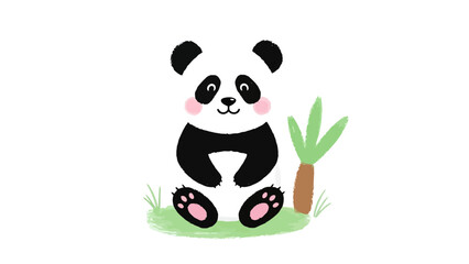 Naklejka premium Cute Cartoon Panda Sitting in Green Grass with Bamboo Whimsical Animal Art