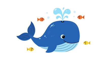 Obraz premium Whimsical Blue Whale Spouting Water Surrounded by Small Fish in Ocean Depths