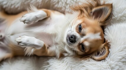 Chihuahua dog peacefully sleeping on its back on a soft white fluffy blanket feeling cozy and relaxed