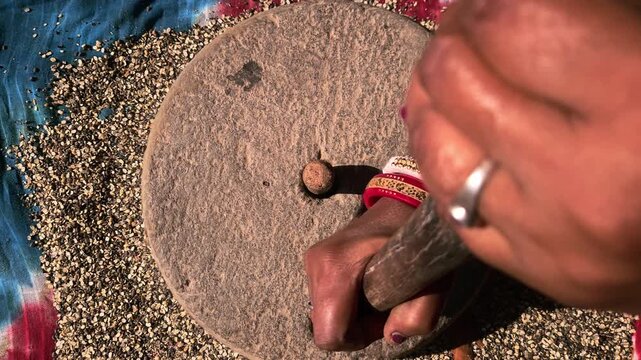 An Indian woman in a rural village uses a traditional hand-operated millstone (quern) to grind black gram lentils, showcasing authentic village life, heritage food preparation, and indigenous househol