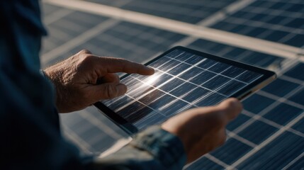 Solar panel technician checks data on tablet during midday at a solar farm in a rural area