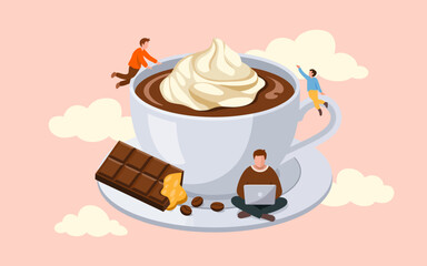 An imaginative illustration showcasing a large cup of coffee topped with whipped cream, creatively blending elements of productivity, relaxation, and indulgence in daily life.