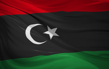 national flag of Libya featuring red, black, and green stripes with a white crescent and star.