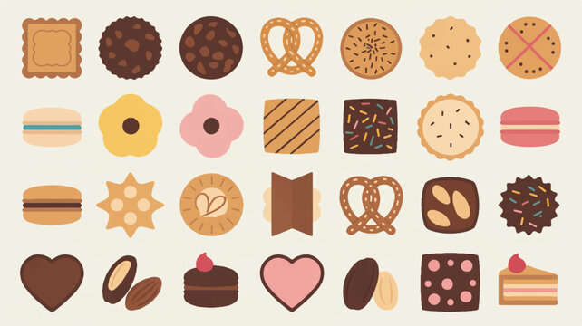 A flat, minimalist illustration of 25 different desserts arranged in a 5x5 grid against a white background 