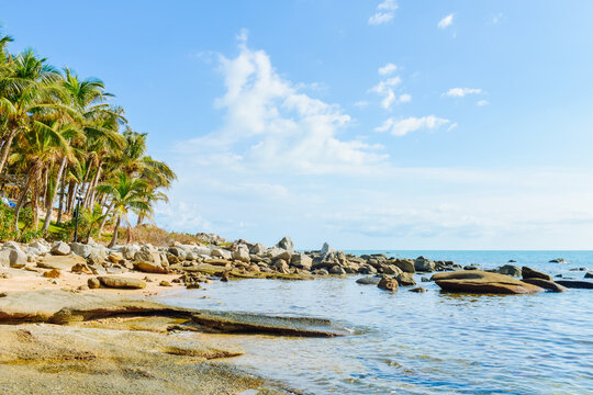 Beautiful coastline landscape at Sanya Dongtian Park (Daxiao Dongtian Scenic Area) in Sanya, Hainan, China