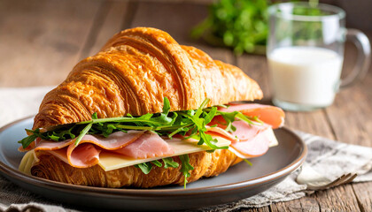 Buttery croissant sandwich filled with premium cured ham, cheese, and fresh arugula resting on a ceramic plate within a rustic wooden set