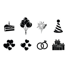 Celebration icons cake balloons fireworks rings hearts and gifts depicted