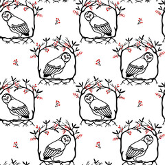 Vector seamless pattern with hand drawn Great Grey Owl in dark floral wreath with red berries. Ink drawing, decorative graphic style. Beautiful animal design elements, perfect for prints and patterns