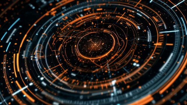 A futuristic technology interface displays orange and blue circular graphics on a dark background.