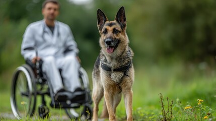 Fototapeta premium Man in wheelchair enjoys time with German shepherd in park during sunny afternoon with greenery around