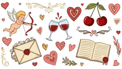 A romantic illustration featuring hearts, cherried wine glasses, and a cupid with bow and arrow, surrounded by love letters and decorative elements.