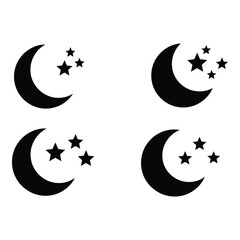 Four black crescent moons with accompanying stars on a white background
