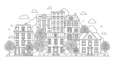 Obraz premium Black and white line art illustration of a peaceful residential street with diverse multi-story houses and suburban trees.