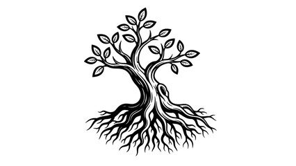 Stylized tree with prominent, intricate roots and simple leaf structure, embodying organic growth and life, isolated white background.