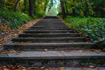Mossy stone stairs ascend through a tranquil park adorned with fallen autumn leaves, inviting exploration and tranquility