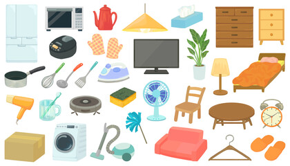 家具・家電・生活雑貨のイラストセット 新生活 住まい ベクター素材