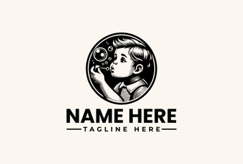 A black and white illustration of a young boy holding a magnifying glass in a circular logo with a placeholder name and tagline on a beige background.