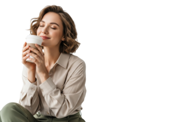 Young caucasian woman, 20s, curly brown hair, beige linen shirt, olive pants, cradling coffee cup with closed eyes, blissful smile, on white studio background, copy space, concept of personal