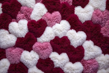 Vibrant heart-shaped decorations featuring soft plush textures in shades of pink and red for Valentine's Day celebration