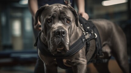 Large dog stands still wearing a harness while a person holds the leash in a training facility during daytime