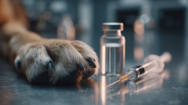 Dog paw next to vaccine vial and syringe in veterinary clinic setting during treatment session - Powered by Adobe