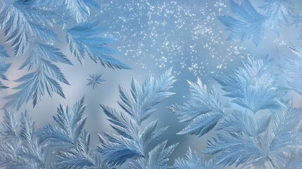 Delicate crystalline structures spread across a cold windowpane, forming natural artistic patterns of frozen ice during a winter morning.