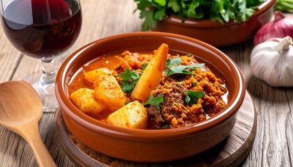Hearty Spanish Chorizo Stew with Potatoes and Red Wine.