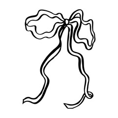 minimalist decorative bow with long flowing ribbons. Elegant black and white line art element for greeting cards, gift tags, and wedding invitations