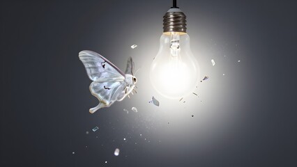 Moth flying towards an intensely glowing and exploding light bulb, symbolizing risk and innovation.
