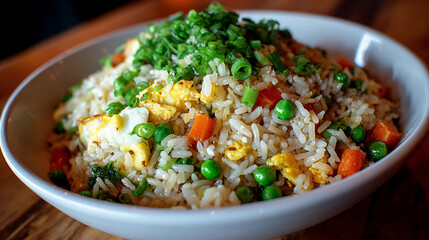 White bowl heaped with fried rice, including peas, eggs, and chopped vegetables, showcasing a colorful, fresh, and appetizing meal perfect for food visuals