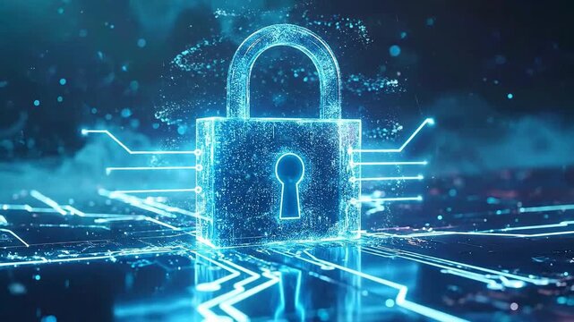 Digital padlock with glowing circuit board pattern, symbolizing cybersecurity and data protection.