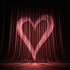 Romantic stage setting featuring heart-shaped light casting soft glow on elegant red curtains for Valentine's Day celebration