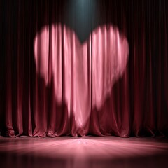Romantic stage setting featuring soft heart light illuminating elegant red curtains for Valentine's Day celebration