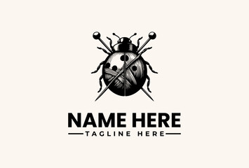 A black and white illustration of a ladybug logo with a diagonal line, accompanied by placeholder text on a beige background. © vectorvovdesign