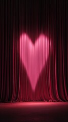 Romantic stage setting featuring soft pink heart light illuminating elegant red curtains for Valentine's Day celebration
