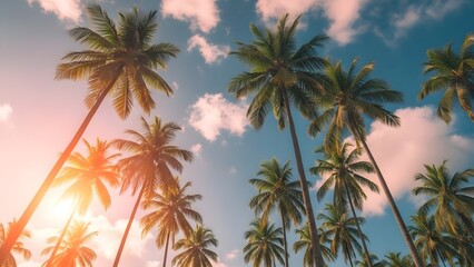 Tropical paradise with palm trees against a vibrant blue sky