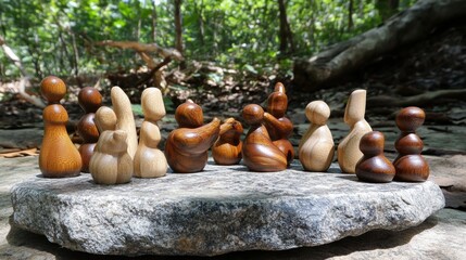 A collection of small intricately carved wooden figurines displayed outdoors on a stone surface with a blurred forest background