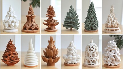 A collection of small intricately carved wooden and decorative miniature trees