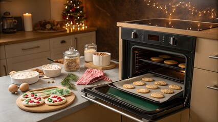 Christmas cookies baking kitchen background. warm brown gradient