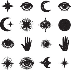 Collection of mystical symbols including eyes stars moons and hands in black and white