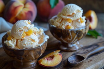 Two wooden bowls with scoops of peach ice cream melting on a wooden board with fresh peaches in the background