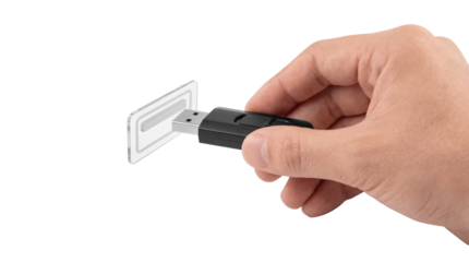 Male hand inserting black USB flash drive into modern transparent data port interface isolated on transparent background
