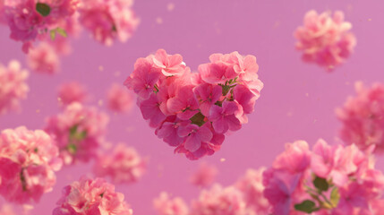 Fototapeta premium Delicate pink blossoms arranged heart on pastel background, romantic spring floral composition symbolizing love and tenderness, perfect for valentines day greeting cards and wedding 
