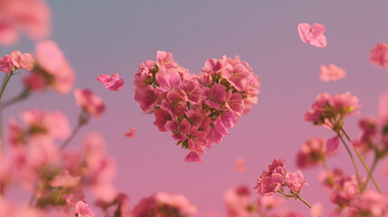 Obraz premium Delicate pink blossoms arranged heart on pastel background, romantic spring floral composition symbolizing love and tenderness, perfect for valentines day greeting cards and wedding 
